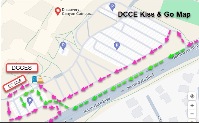 A map showing the traffic flow for the DCCES student pick-up and drop-off.